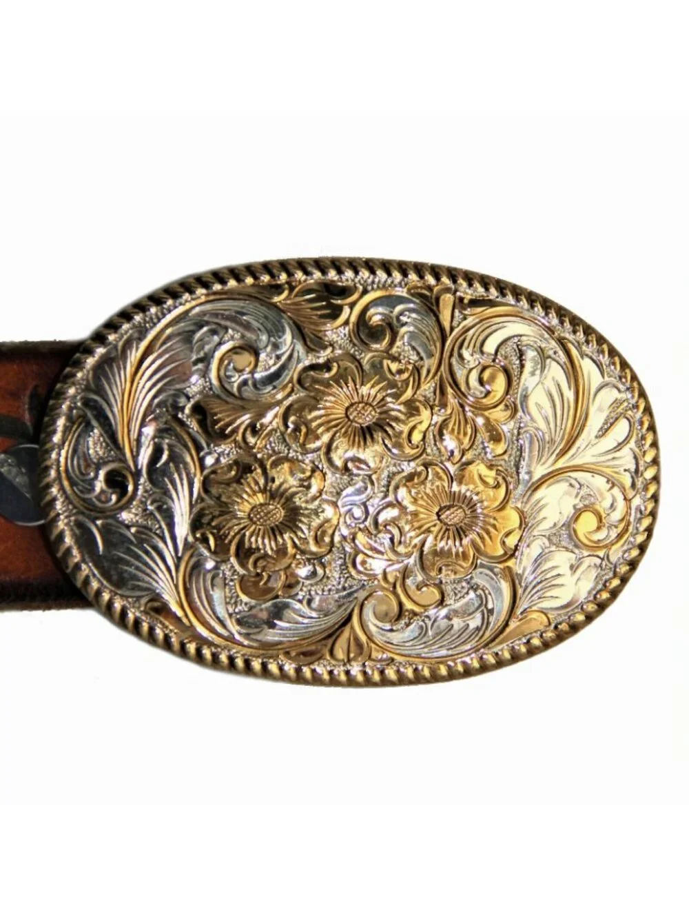 Leather Belt with Roses Butterflies Silver & Gold Buckle 